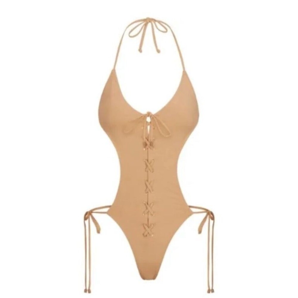 SKIMS Women's Ochre Signature Swim Lace Up Halter Monokini